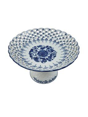 Composte Pedestal Bowl Blue White Retriculated Chinoiserie Style Candy Dish